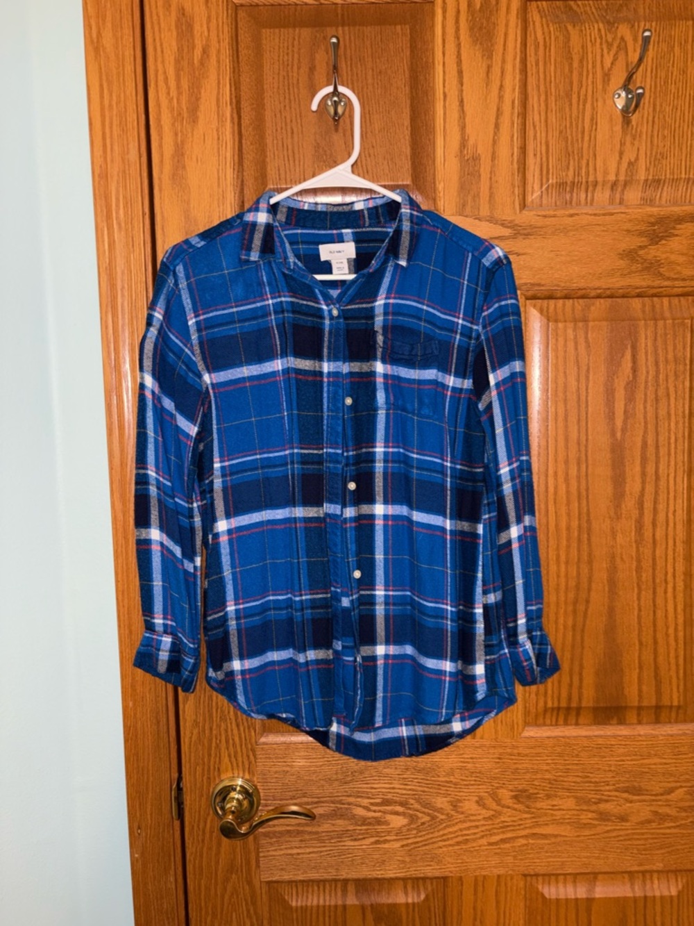 Old Navy Blue Flannel Plaid Shirt with Navy and White Accents